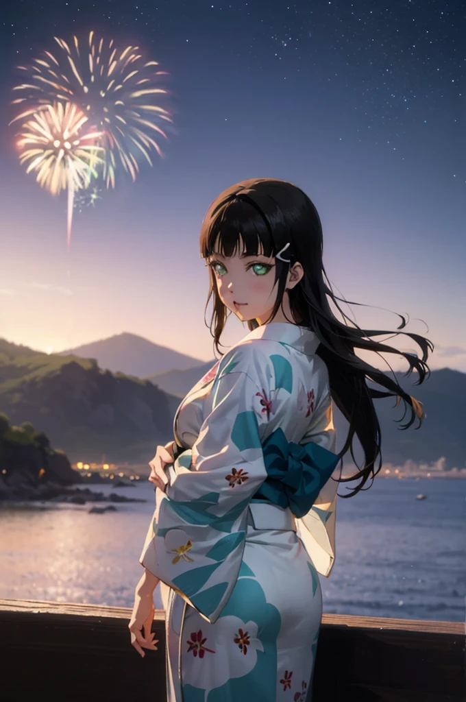 Create an illustration of Dia Kurosawa from Love Live! Sunshine!!. She has long black hair and green eyes, and she's wearing a yukata. In the background, there are fireworks in the night sky, with the ocean and mountains in the distance. My hair sways in the wind、Anatomically correct, Highest quality, far and near method, 