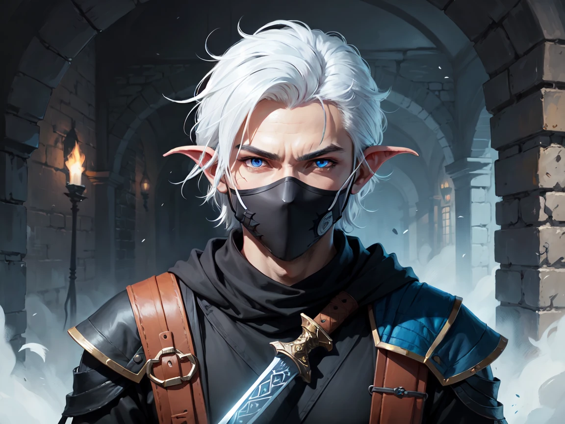DnD tiefling character, Rogue, with a sword, ninja outfit, face mask, all black clothing, ninja type, blue skin, short symmetrical horns, White hair, blue eyes, young, delgado, scenery: dungeon