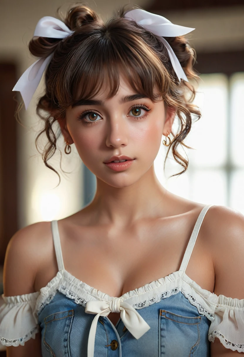 (best quality, 4k, highres, highres face details),18 yrs old, 1girl, solo, athletic figure, tan skin, hoop earrings, perfect nose, perfect lips, fake lashes, modest bust size, deep cleavage, pretty face, cute face, wearing an off the shoulder white blouse, midriff showing ,wearing jean shorts, brown hair, short curly hair, crossed bangs, brown eyes, constricted pupils, hair ribbon, hoop earrings, cinematic lighting, Ultra-Wide Angle, Canon, Hyperrealism, UHD, masterpiece, textured skin, high details, best quality, detailed eyes, detailed iris, full body image