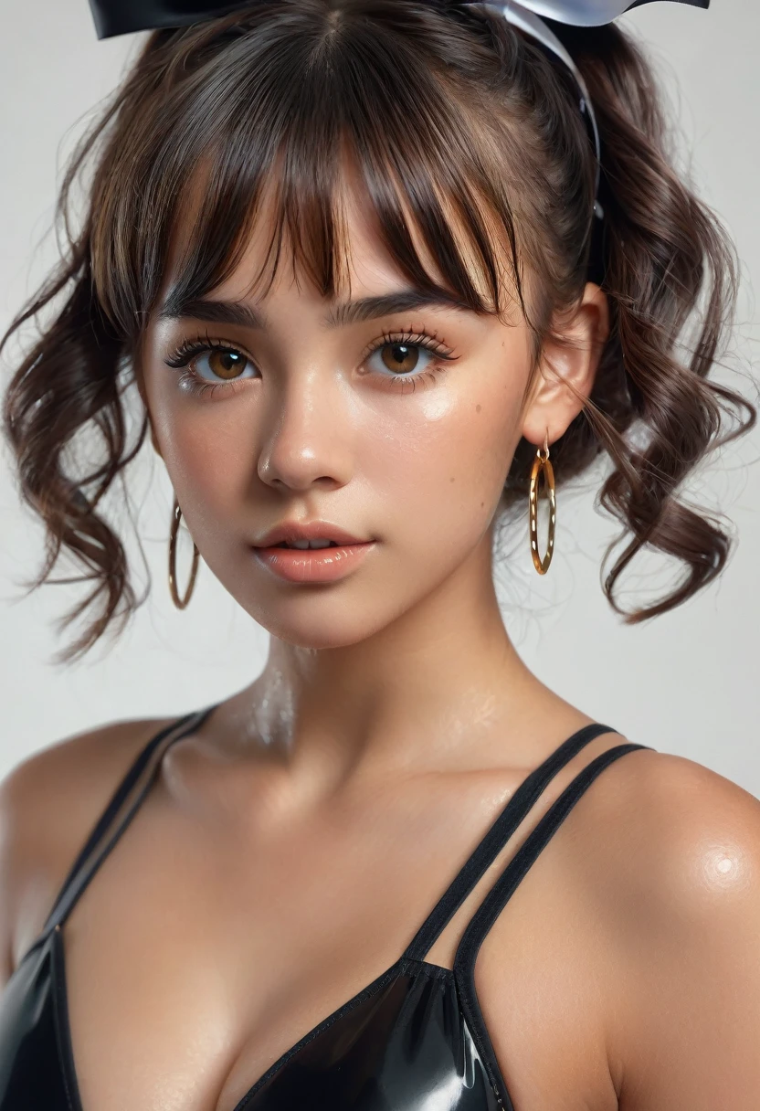 (best quality, 4k, highres, highres face details),18 yrs old, 1girl, solo, athletic figure, tan skin, hoop earrings, perfect nose, perfect lips, fake lashes, modest bust size, deep cleavage, pretty face, cute face, wearing a black bikini, soaking wet, brown hair, short curly hair, crossed bangs, brown eyes, constricted pupils, hair ribbon, hoop earrings, cinematic lighting, Ultra-Wide Angle, Canon, Hyperrealism, UHD, masterpiece, textured skin, high details, best quality, detailed eyes, detailed iris, full body image