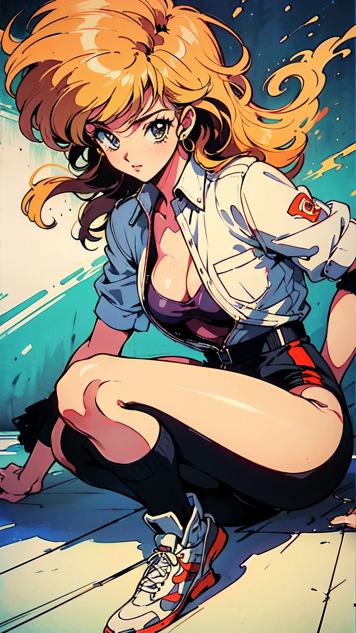 (80's, Retro, Poster:1.5), (masterpiece, 最high quality), (anime, figure), (pastel colour:1.4), Best Photo Poses, Dynamic Angle, high quality, High resolution, Attention to detail, Haruka is short, Shiny orange hair, Sharp brown eyes behind glasses, calm attitude. She is often seen looking immaculate in her .。, arrogant, above knees picture 80’s anime vintage style, Gray background