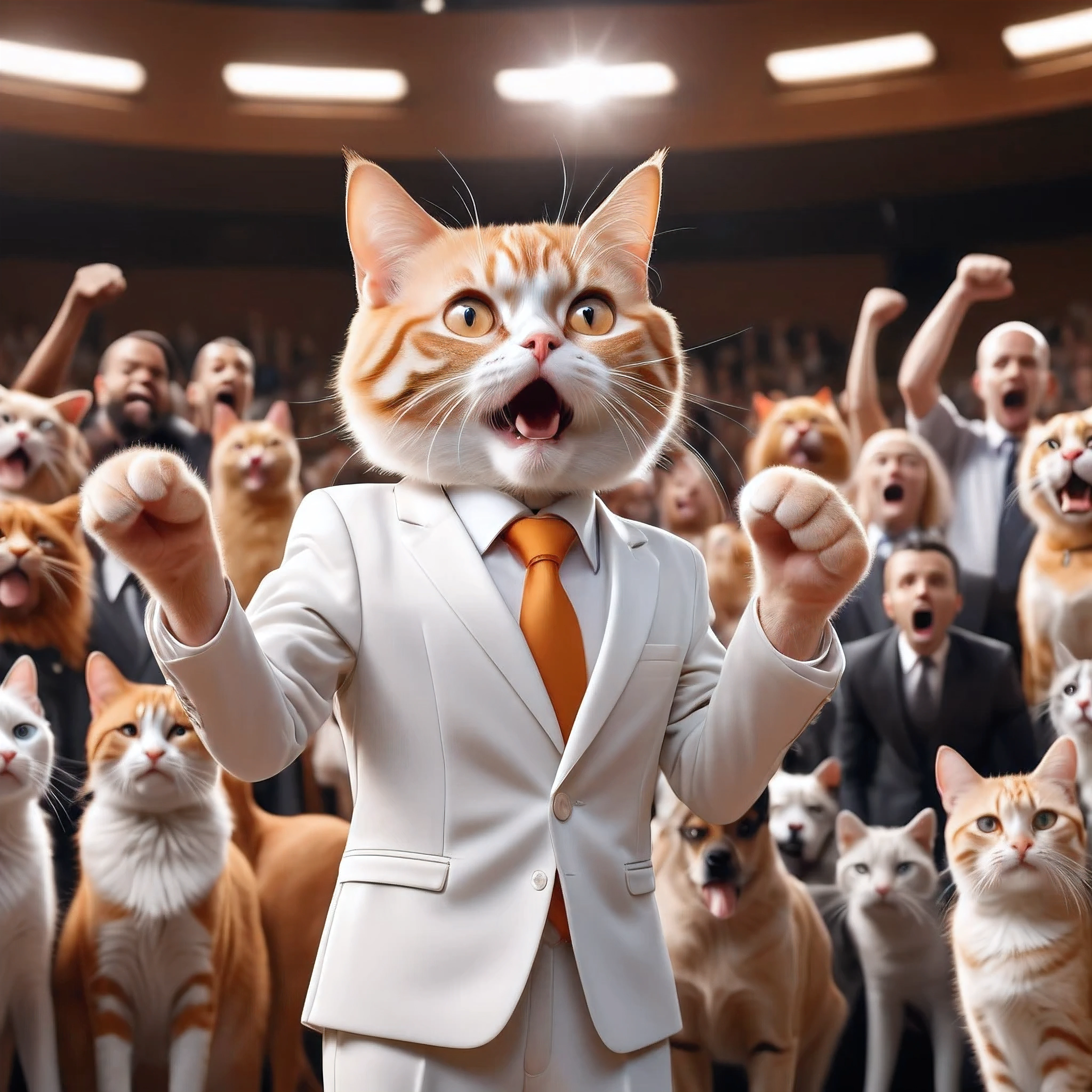A super-realistic scene , orange cat in a suit, starting to give a speech on the stage. The cat's expression is exaggeratedly excited and determined, The background is bustling with a diverse crowd of various animals showing expressions of excitement and tension, all attentively focused on the cat. This surreal depiction captures the intense atmosphere of a significant public event, 8k, uhd, dslr, insane detailed, award-winning photo, covering right ear with white cloth, the orange cat looks angry