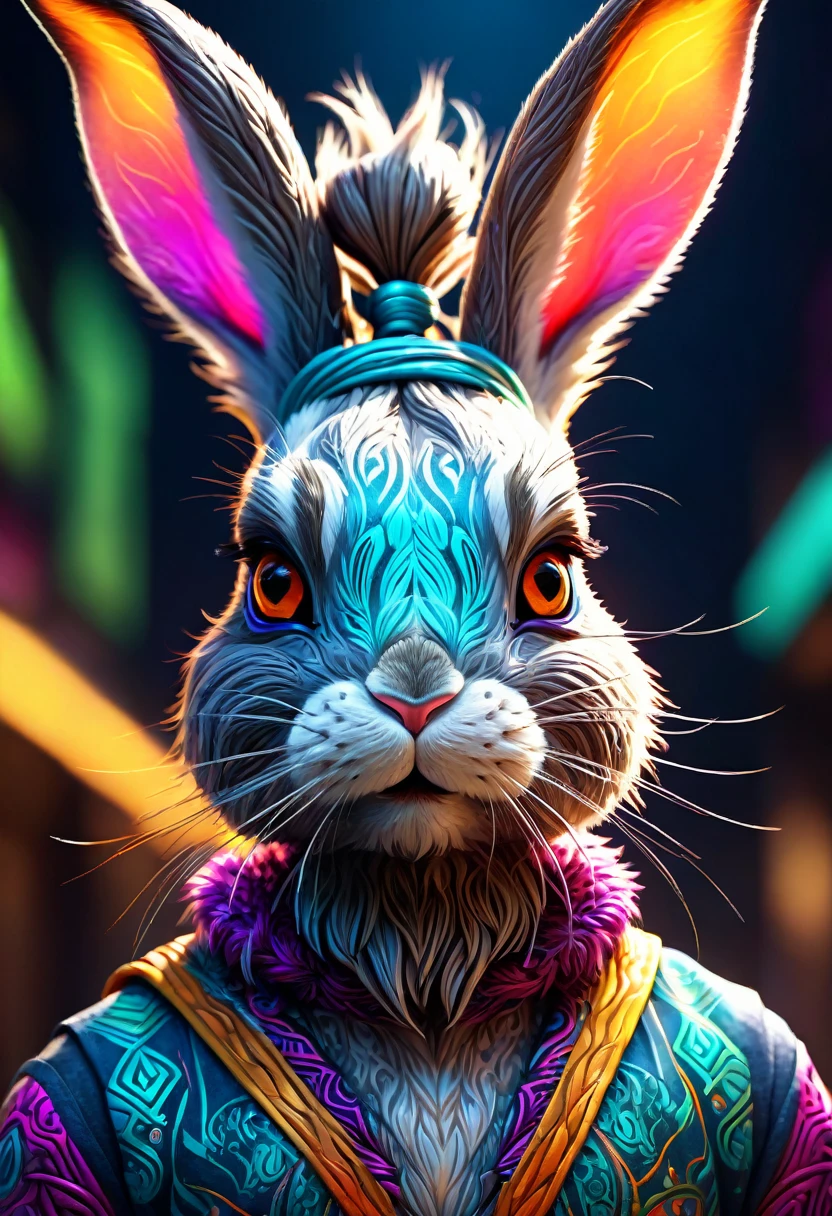 a high-quality digital illustration of a bunny man with a man bun, a fierce creature, 8k resolution, very good details, character design, fantasy art, front view, dynamic pose, realistic, vibrant colors, intricate patterns, stylized, trending on artstation, cinematic, high detail, textured fur, intense expression, mystical creature, illuminated background.