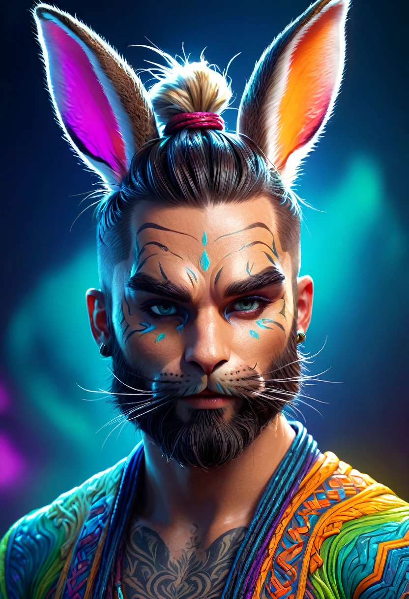 a high-quality digital illustration of a bunny man with a man bun, a fierce creature, 8k resolution, very good details, character design, fantasy art, front view, dynamic pose, realistic, vibrant colors, intricate patterns, stylized, trending on artstation, cinematic, high detail, textured fur, intense expression, mystical creature, illuminated background.