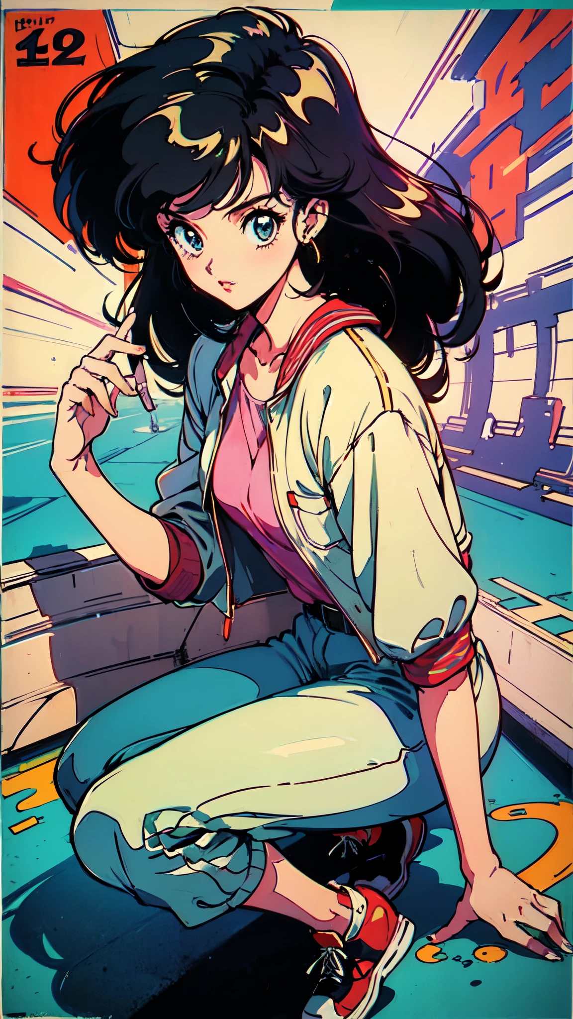 (80's, Retro, Poster:1.5), (masterpiece, 最high quality), (anime, figure), (pastel colour:1.4), Best Photo Poses, Dynamic Angle, high quality, High resolution, Attention to detail, Haruka is short, Shiny long black hair, Sharp brown eyes behind glasses, calm attitude. She is often seen looking immaculate in her .。, arrogant, above knees picture 80’s anime vintage style, Gray background