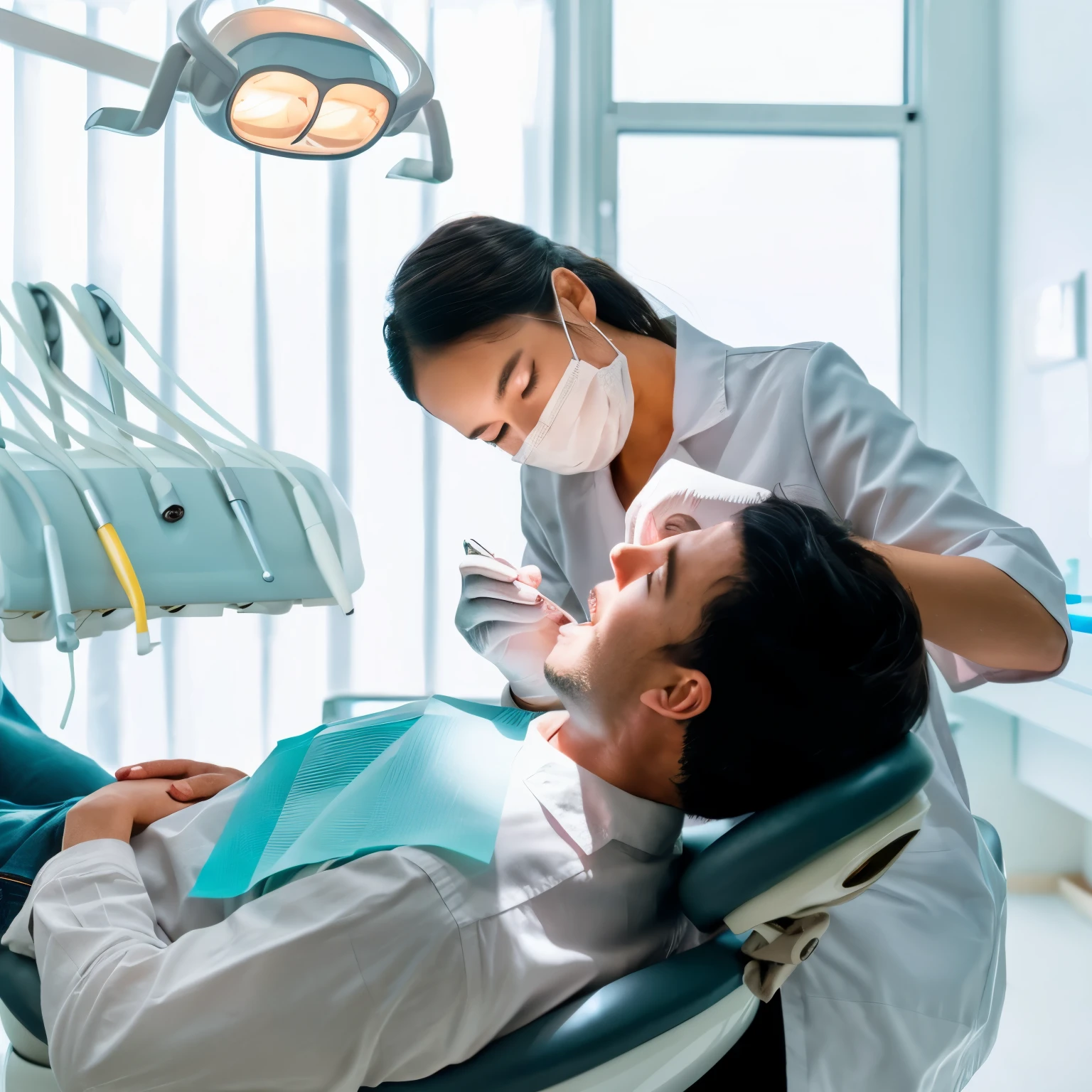 Dental clinic, treatment room, realistic, wide-angle view, bright, clean, natural light, front-lit subjects, slight background blur, male patient, 30s, Japanese, handsome, disposable paper bib, reclined in dental chair, eyes closed, mouth open, female dentist, 20s, Thai, beautiful, white coat, face mask, treating patient's teeth, full-body shot, professional atmosphere, modern dental equipment, hygienic setting