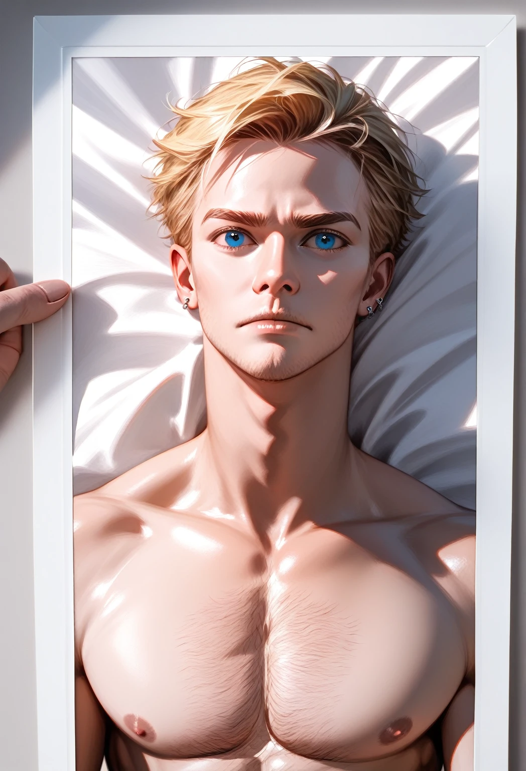 (best quality,4k,8k,highres,masterpiece:1.2),ultra-detailed,(realistic,photorealistic,photo-realistic:1.37),1 man, perfect face, blonde, muscle, muscular body, hairy body, blue eyes, handsome, detailed facial features, super short hair, penis, lying on bed,gorgeous, chiseled jawline, nude, piercing gazea, little upset face, detailed skin texture, flawless complexion, detailed hair, dramatic lighting, cinematic, dramatic atmosphere, digital art, hyper realistic, oil painting, intricate details,