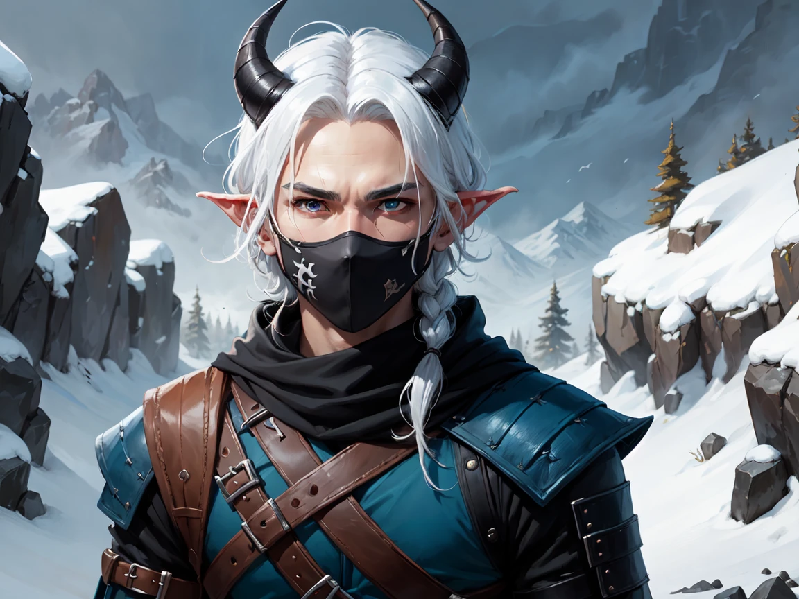 DnD tiefling character, Rogue, with a sword, ninja outfit, face mask, all black clothing, ninja type, blue skin, horns cortos simetricos, White hair, blue eyes, young, delgado, scenery: dungeon, blue skin, horns.
