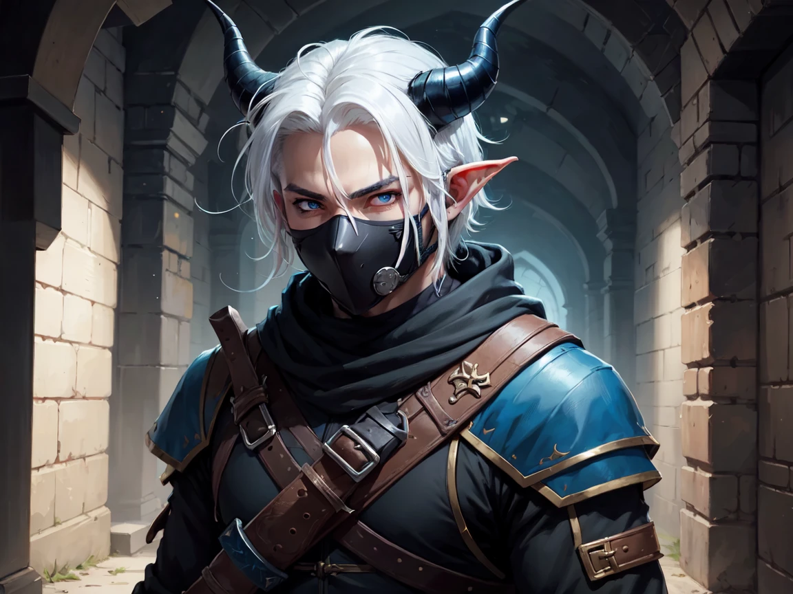 DnD tiefling character, Rogue, with a sword, ninja outfit, face mask, all black clothing, ninja type, blue skin, horns cortos simetricos, White hair, blue eyes, young, delgado, scenery: dungeon, blue skin, horns.