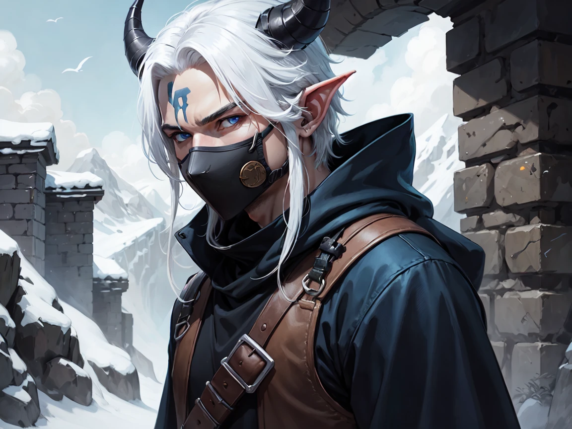 DnD tiefling character, Rogue, with a sword, ninja outfit, face mask, all black clothing, ninja type, blue skin, horns cortos simetricos, White hair, blue eyes, young, delgado, scenery: dungeon, blue skin, horns.