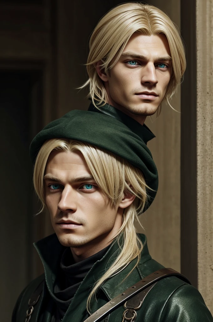 Appearance Description: Blonde hair boy, green eyes, blonde eyelashes, with a scar on the right eye and a small scar on the left jaw, tired eyes, with demon hunter clothes, let it be kny style 