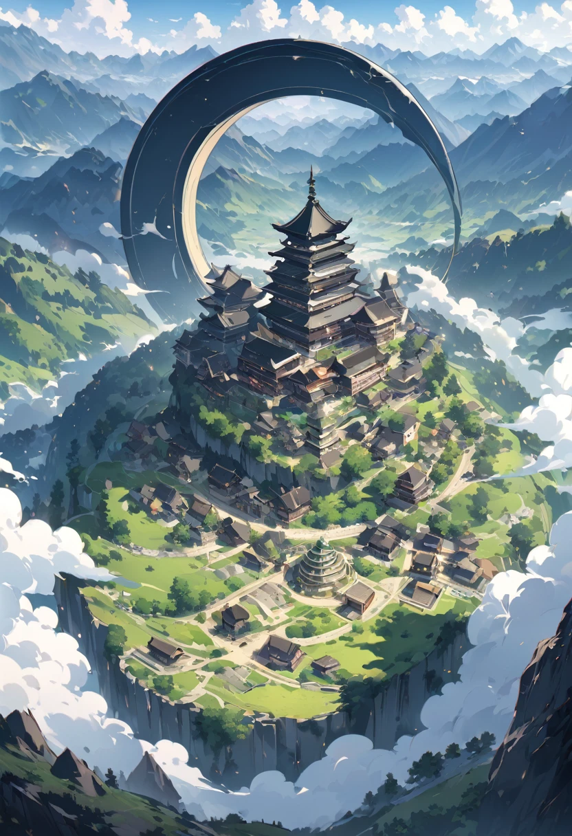 extremely clear 8K wallpaper, extremely beautiful and well-shaped scenery, absurdres, masterpiece,A village in a mountainous area, There are huge mountains surrounding the village have been gouged out into circular or crescent shapes., The mountains are bizarre shapes due to a battle between the gods that took place a long time ago., The petrified goat gods support the dangerous mountains that could collapse at any time., The people living in the village live their lives believing in God.,