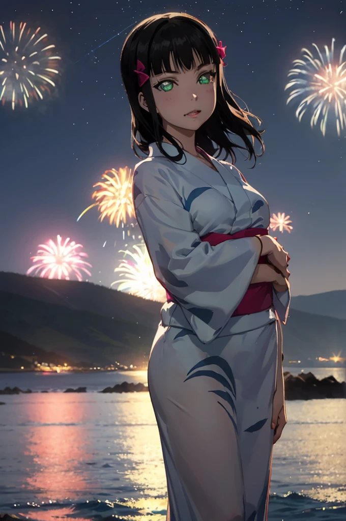 Create an illustration of Dia Kurosawa from Love Live! Sunshine!!. She has long black hair and green eyes, and she's wearing a yukata. In the background, there are fireworks in the night sky, with the ocean and mountains in the distance. My hair sways in the wind、Anatomically correct, Highest quality, far and near method, 