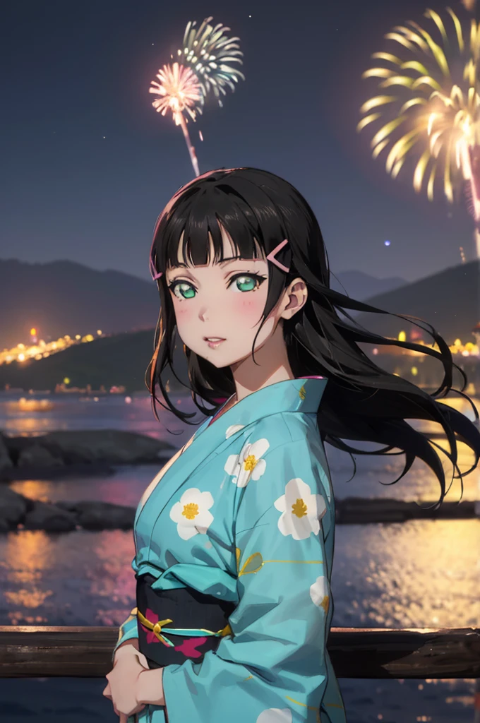 Create an illustration of Dia Kurosawa from Love Live! Sunshine!!. She has long black hair and green eyes, and she's wearing a yukata. In the background, there are fireworks in the night sky, with the ocean and mountains in the distance. My hair sways in the wind、Anatomically correct, Highest quality, far and near method, 