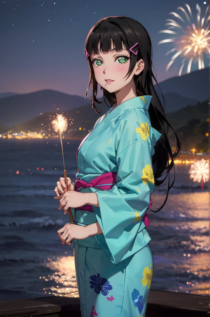 Create an illustration of Dia Kurosawa from Love Live! Sunshine!!. She has long black hair and green eyes, and she's wearing a yukata. In the background, there are fireworks in the night sky, with the ocean and mountains in the distance. My hair sways in the wind、Anatomically correct, Highest quality, far and near method, 