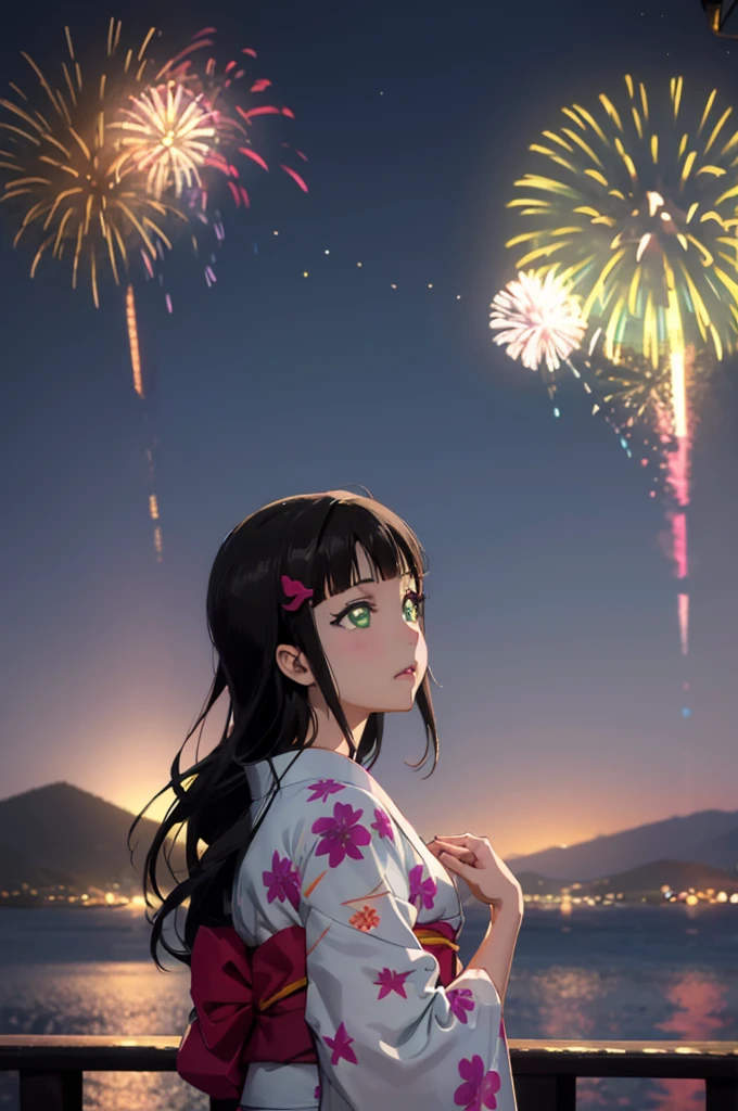 Create an illustration of Dia Kurosawa from Love Live! Sunshine!!. She has long black hair and green eyes, and she's wearing a yukata. In the background, there are fireworks in the night sky, with the ocean and mountains in the distance. My hair sways in the wind、Anatomically correct, Highest quality, far and near method, 