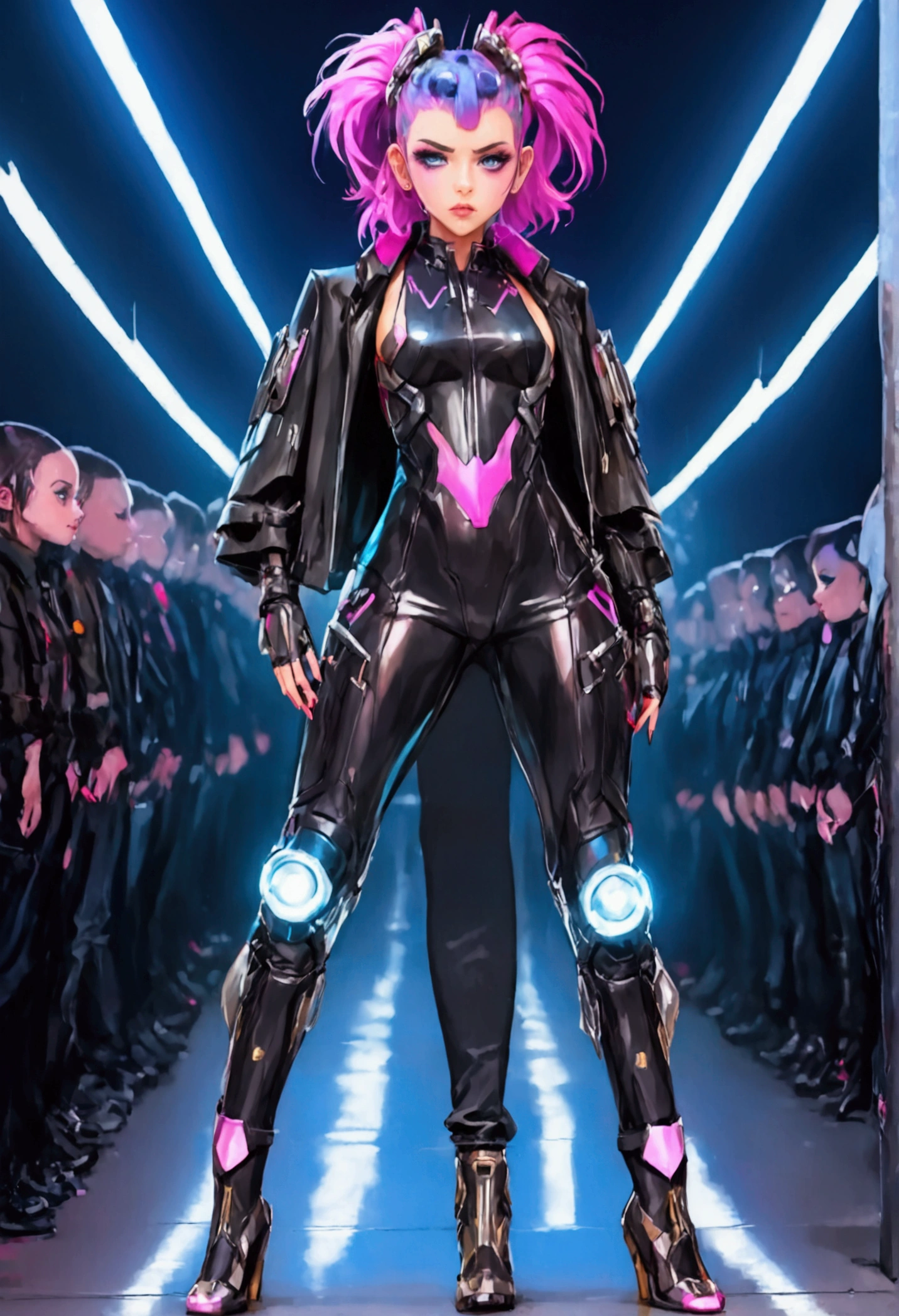 A cute fashion model (age 25, crazy hair, trendy makeup, sci fi leather club outfit, many blinking lights and gadgets), displaying her cyberpunk club wear, fashion show on the runway, full body shown