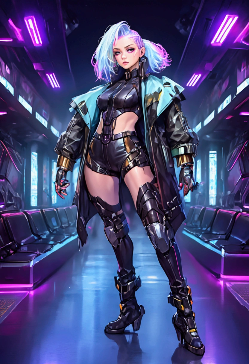 A cute fashion model (age 25, crazy hair, trendy makeup, sci fi leather club outfit, many blinking lights and gadgets), displaying her cyberpunk club wear, fashion show on the runway, full body shown
