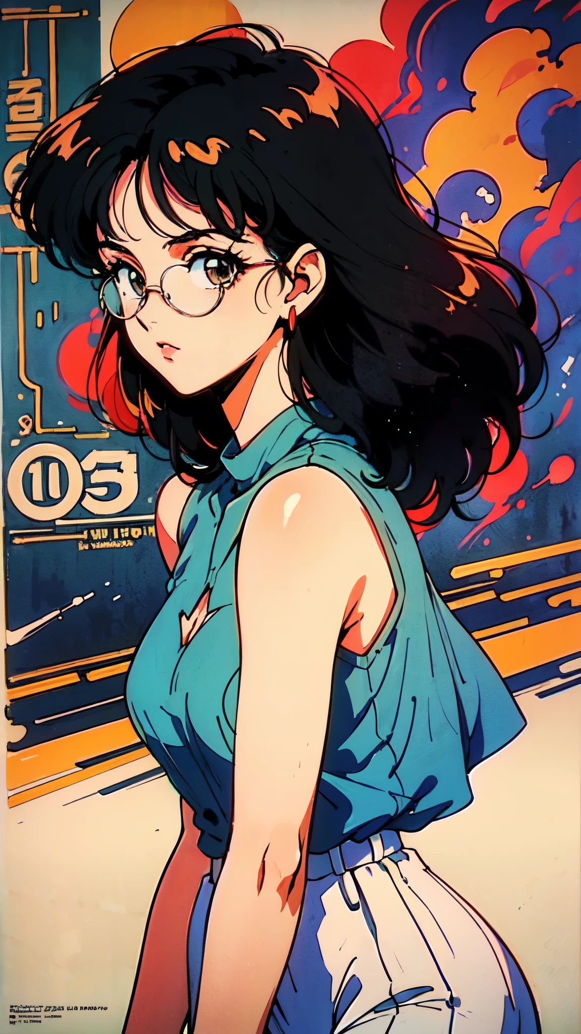 (80's, Retro, Poster:1.5), (masterpiece, 最high quality), (anime, figure), (pastel colour:1.4), Best Photo Poses, Dynamic Angle, high quality, High resolution, Attention to detail, Haruka is short, Shiny long black hair, Sharp brown eyes behind glasses, calm attitude. She is often seen looking immaculate in her .。, Humble, above knees picture 80’s anime vintage style, Brown background