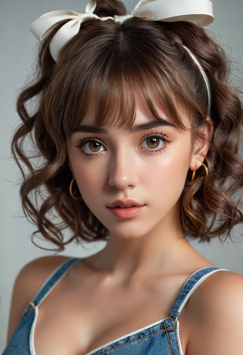 (best quality, 4k, highres, highres face details),18 yrs old, 1girl, solo, athletic figure, tan skin, hoop earrings, perfect nose, perfect lips, fake lashes, large breasts, deep cleavage, pretty face, cute face, wearing an off the shoulder white blouse, midriff showing ,wearing jean shorts, brown hair, short curly hair, crossed bangs, brown eyes, constricted pupils, hair ribbon, hoop earrings, cinematic lighting, Ultra-Wide Angle, Canon, Hyperrealism, UHD, masterpiece, textured skin, high details, best quality, detailed eyes, detailed iris, full body image, posing for the camera