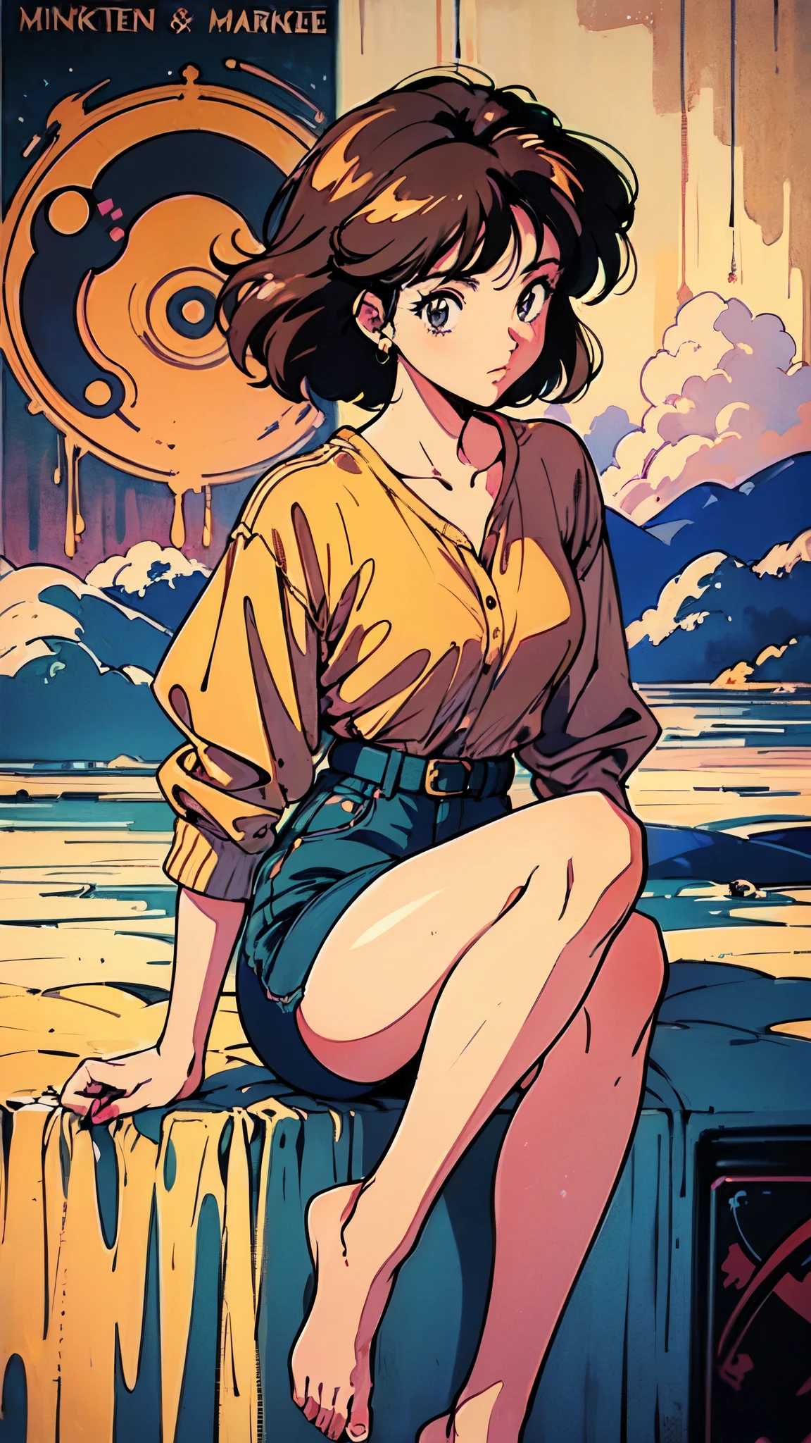(80's, Retro, Poster:1.5), (masterpiece, 最high quality), (anime, figure), (pastel colour:1.4), Best Photo Poses, Dynamic Angle, high quality, High resolution, Attention to detail, Haruka is short, Shiny long black hair, Sharp brown eyes behind glasses, calm attitude. She is often seen looking immaculate in her .。, Humble, above knees picture 80’s anime vintage style, Brown background