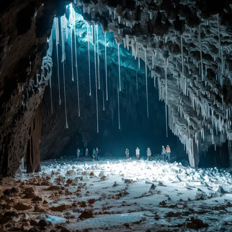 The Echoing Cavern is characterized by its impressive acoustics, which cause sounds to reverberate and create eerie echoes throughout the underground passages. Stalactites and stalagmites are abundant, forming intricate natural structures that reflect the dim light from glowing crystals embedded in the walls. The air is cool and damp, with the occasional drip of water from above.