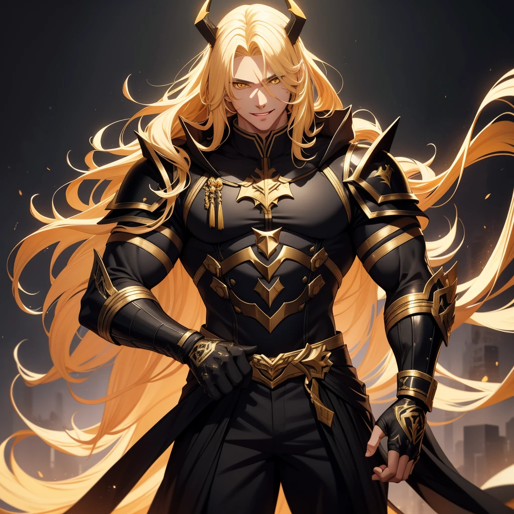 adult boy, long golden hair, yellow eyes, musculature, affected smile, open mouth, Black Mercenary Uniform de colr negro, sword, sleeveless, gold elements, masterpiece, high quality, Very detailed, High Definition, 4k. full body. Complete character 