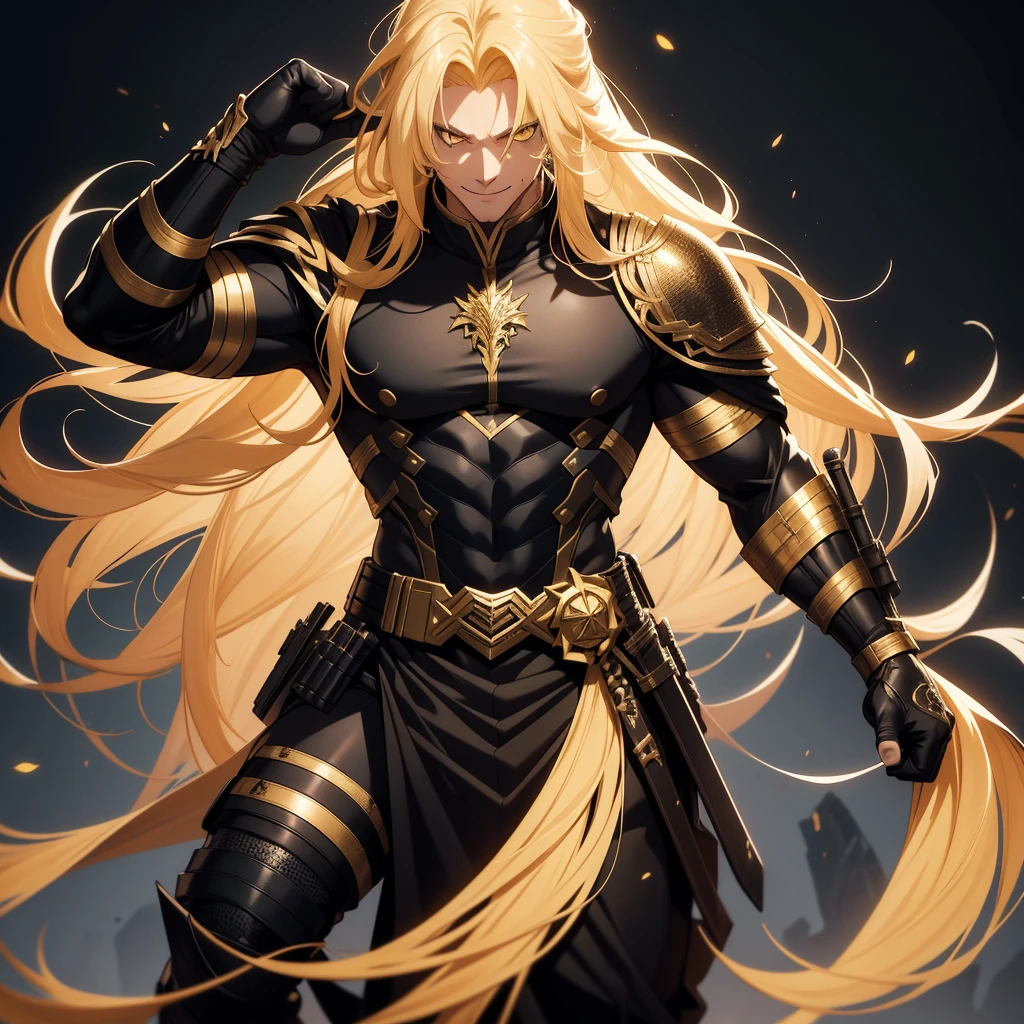 adult boy, long golden hair, yellow eyes, musculature, affected smile, open mouth, Black Mercenary Uniform de colr negro, sword, sleeveless, gold elements, masterpiece, high quality, Very detailed, High Definition, 4k. full body. Complete character