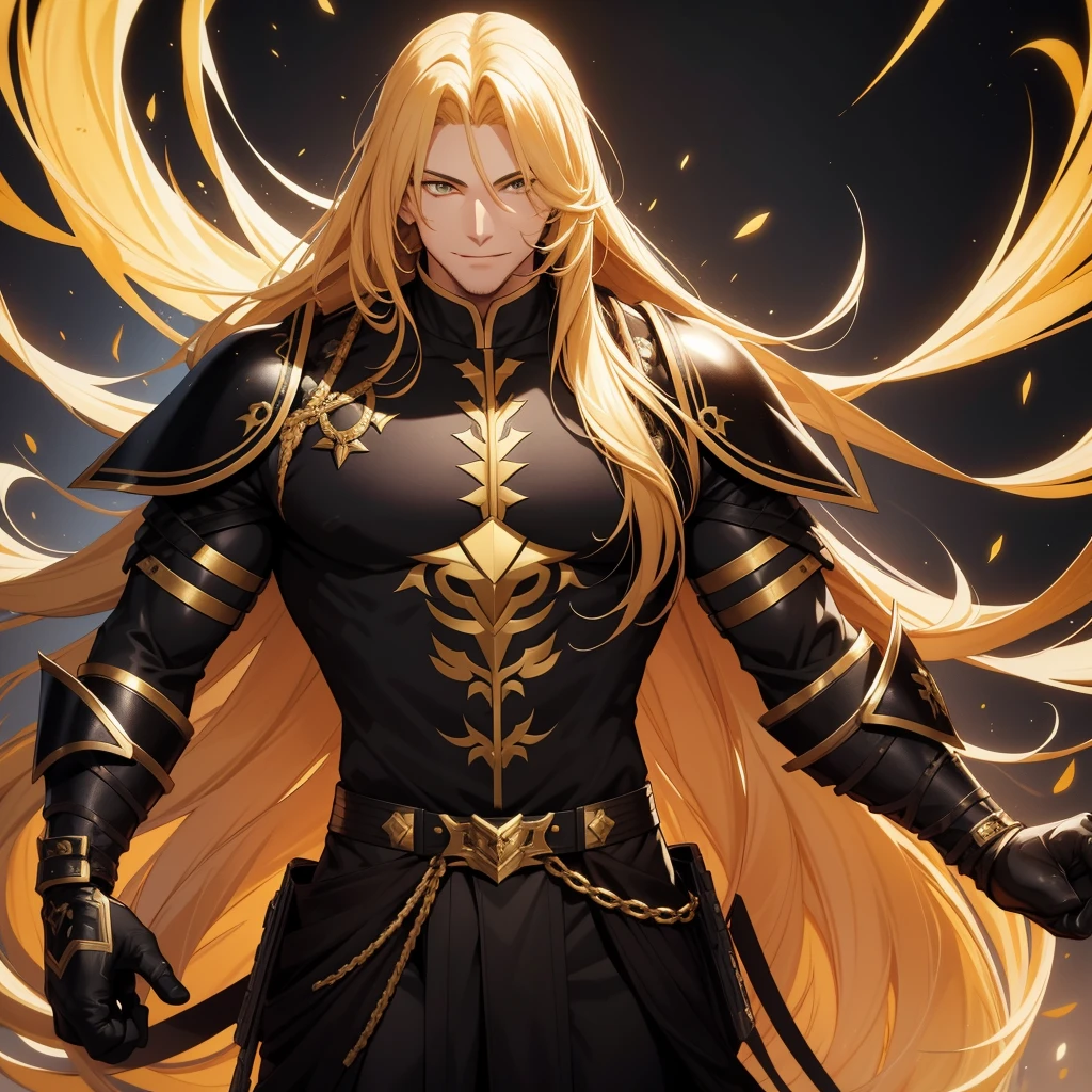 adult boy, long golden hair, yellow eyes, musculature, affected smile, open mouth, Black Mercenary Uniform de colr negro, sword, sleeveless, gold elements, masterpiece, high quality, Very detailed, High Definition, 4k. full body. Complete character