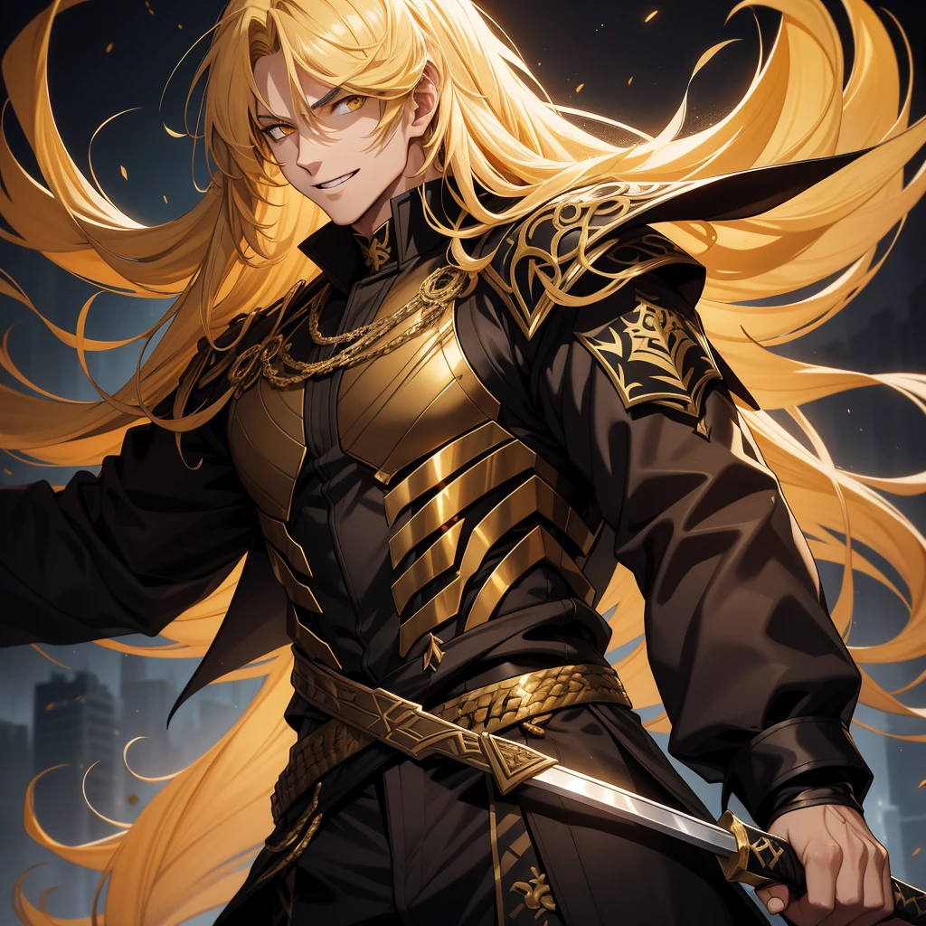adult boy, long golden hair, yellow eyes, musculature, affected smile, open mouth, Black Mercenary Uniform de colr ?????, sword, sleeveless, gold elements, masterpiece, high quality, Very detailed, High Definition, 4k. full body. Complete character 