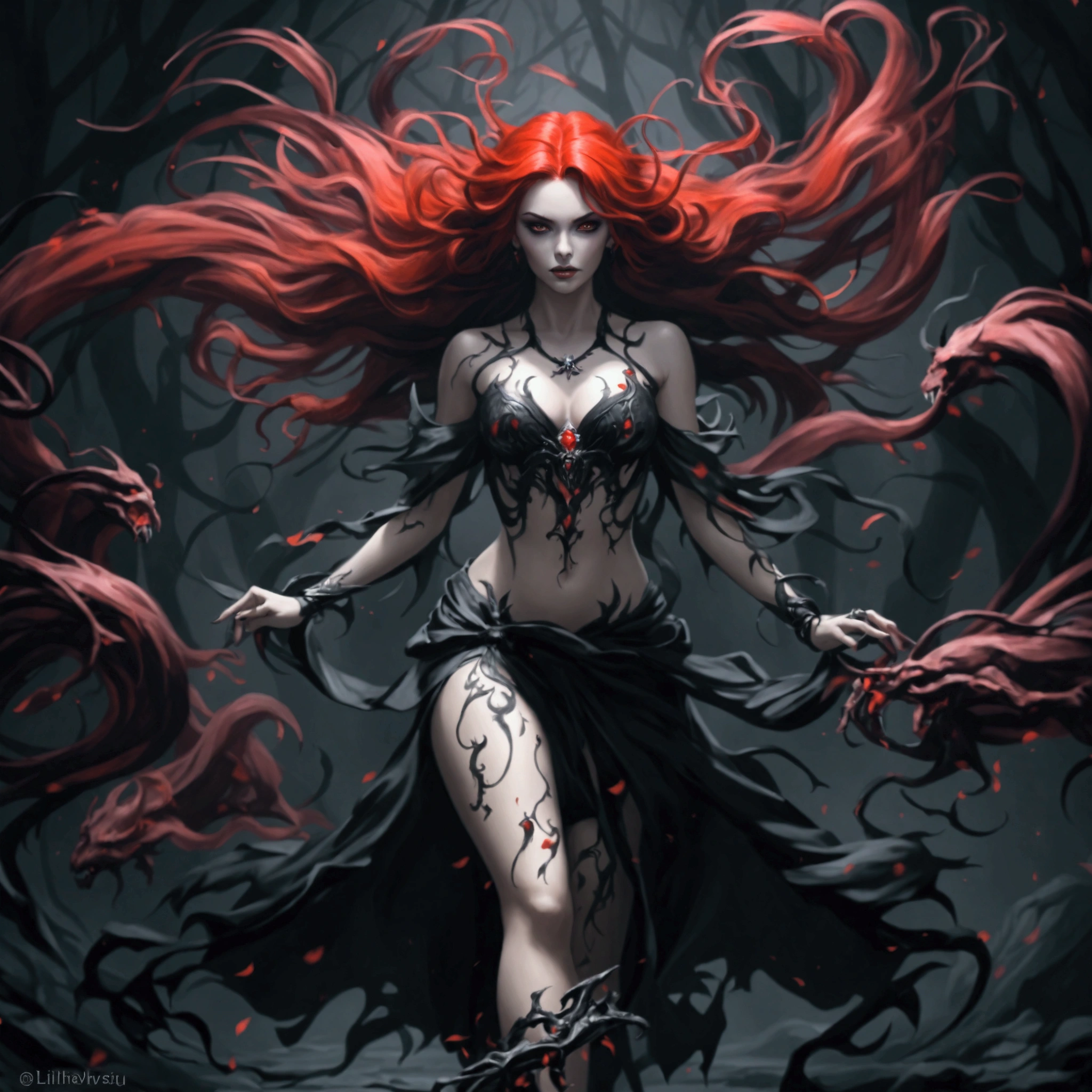 a woman lady Darksoul, with red hair and a black dress is walking in the dark, dark fantasy style art, dark fantasy art, gothic fantasy art, in style of dark fantasy art, diablo 4 lilith, beautiful elegant demon queen, goddess of the underworld, fantasy dark art, dark sorceress, dark fantasy character design, lilith, dark goddess with six arms