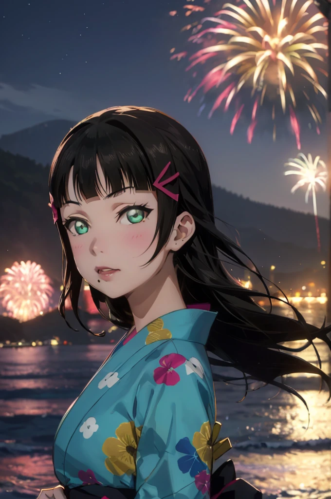 Create an illustration of Dia Kurosawa from Love Live! Sunshine!!. She has long black hair and green eyes, and she's wearing a yukata. In the background, there are fireworks in the night sky, with the ocean and mountains in the distance. My hair sways in the wind、Anatomically correct, Highest quality, far and near method, 