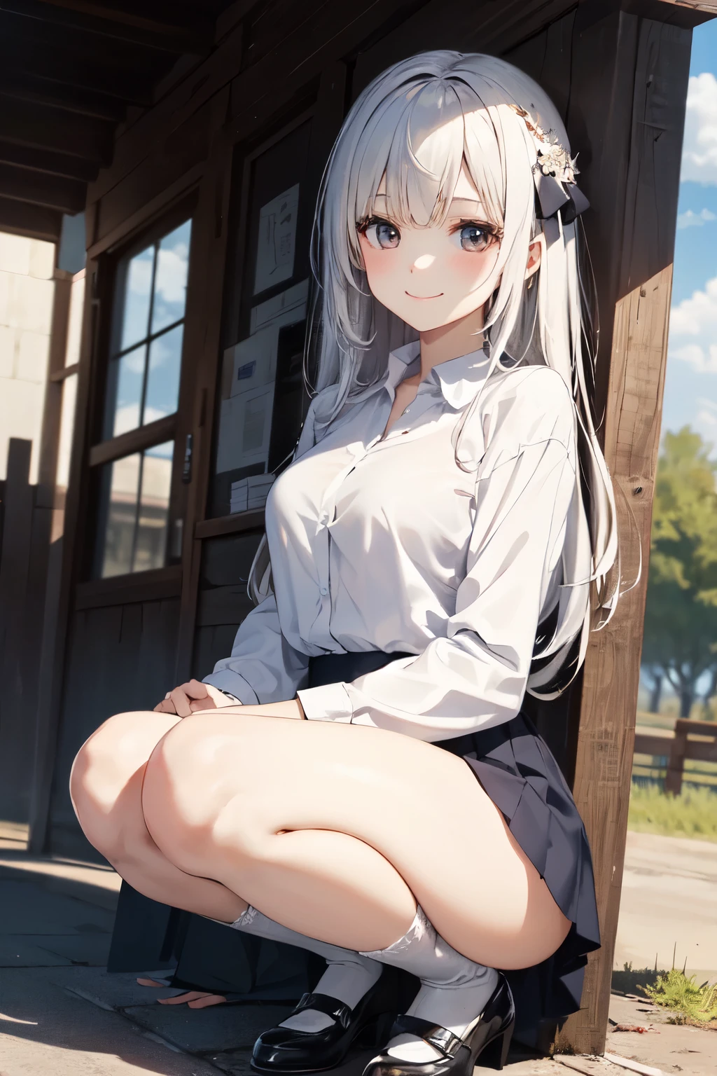 very cute and beautiful girl,(Very detailed美しい顔), (smile),blush,Black Hair,Seraphim,(White Hair、long hair),(White Shirt、Pleated navy blue pread your legs、Squat)、Sitting、(From below)、(Lace panties), Country road, (Highest quality,masterpiece:1.0),Absurd,High resolution,Super detailed,Very detailed,32K,8k resolution, Intricate details,Movie Scenes,Detailed Background,alone,Dynamic Angle,