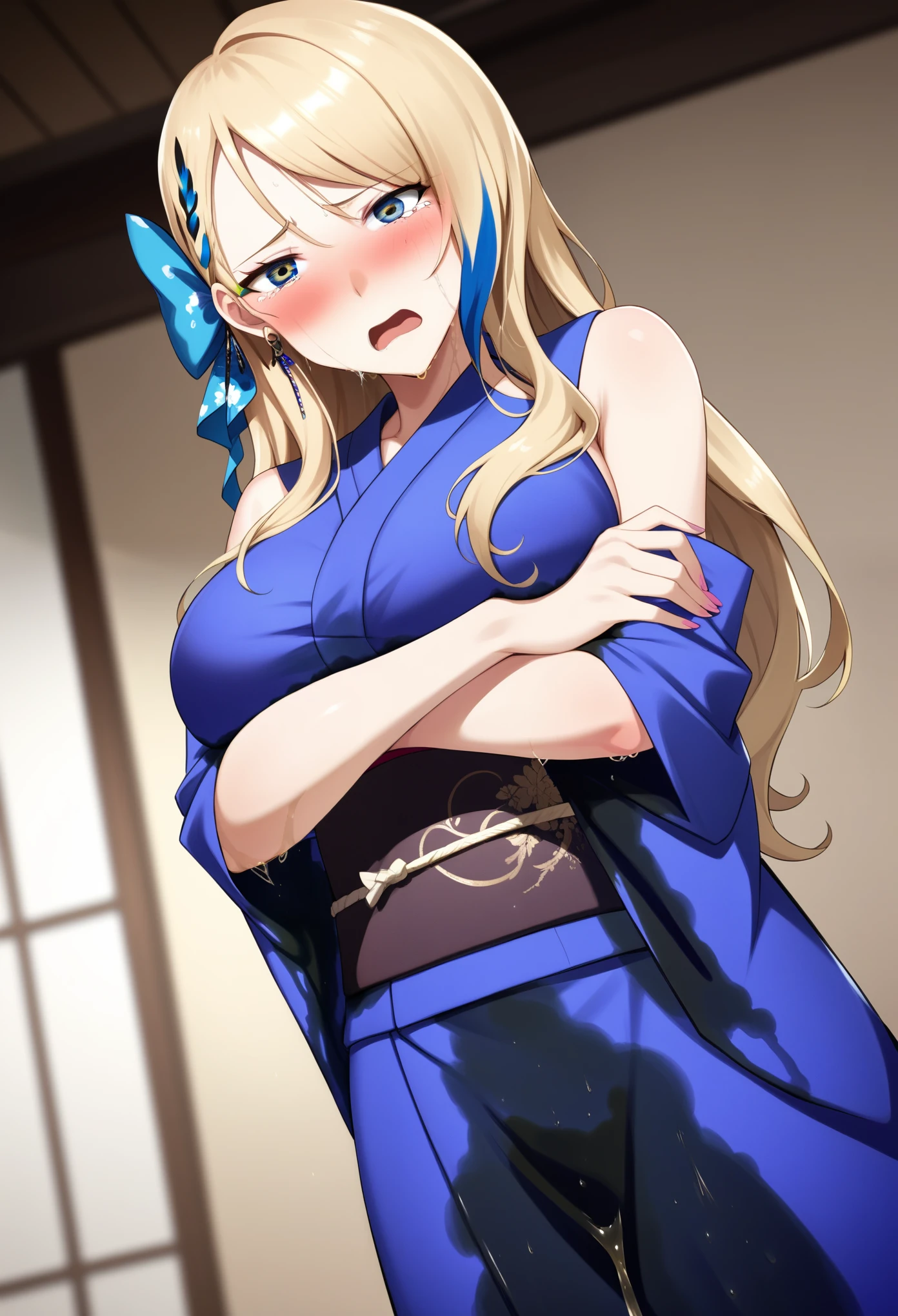 (high quality,Very detailed:1.37, High resolution), Woman, Serval Landau, kimono, long kimono, large breasts, (wetting herself:1.5), (standing:1.5), embarrassed, humiliation, (sweating:1.5), (blushing:1.5), Meticulous details, (extremely detailed eyes:1.37), (arms crossed:1.5)