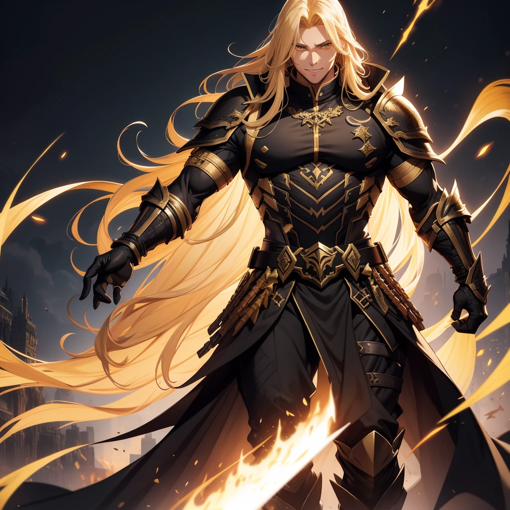 adult boy, long golden hair, yellow eyes, musculature, affected smile, open mouth, Black Mercenary Uniform de colr negro, sword, sleeveless, gold elements, masterpiece, high quality, Very detailed, High Definition, 4k. full body. Full character armor exposed and sleeveless.