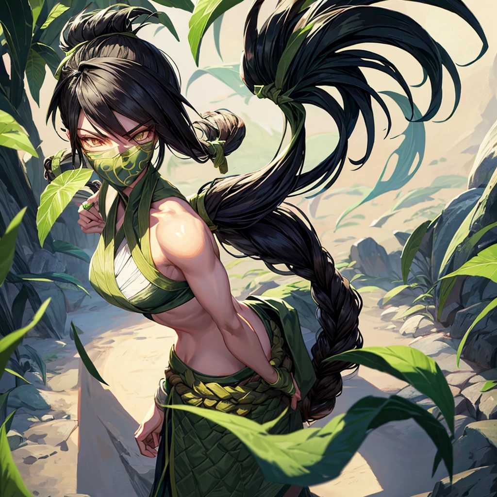 Pixel art 640x640 whole body akali girl , Akali of leagie of legends, all sprite,balack akali hair, akali gren clothe,akali face,brown eyes,pose left