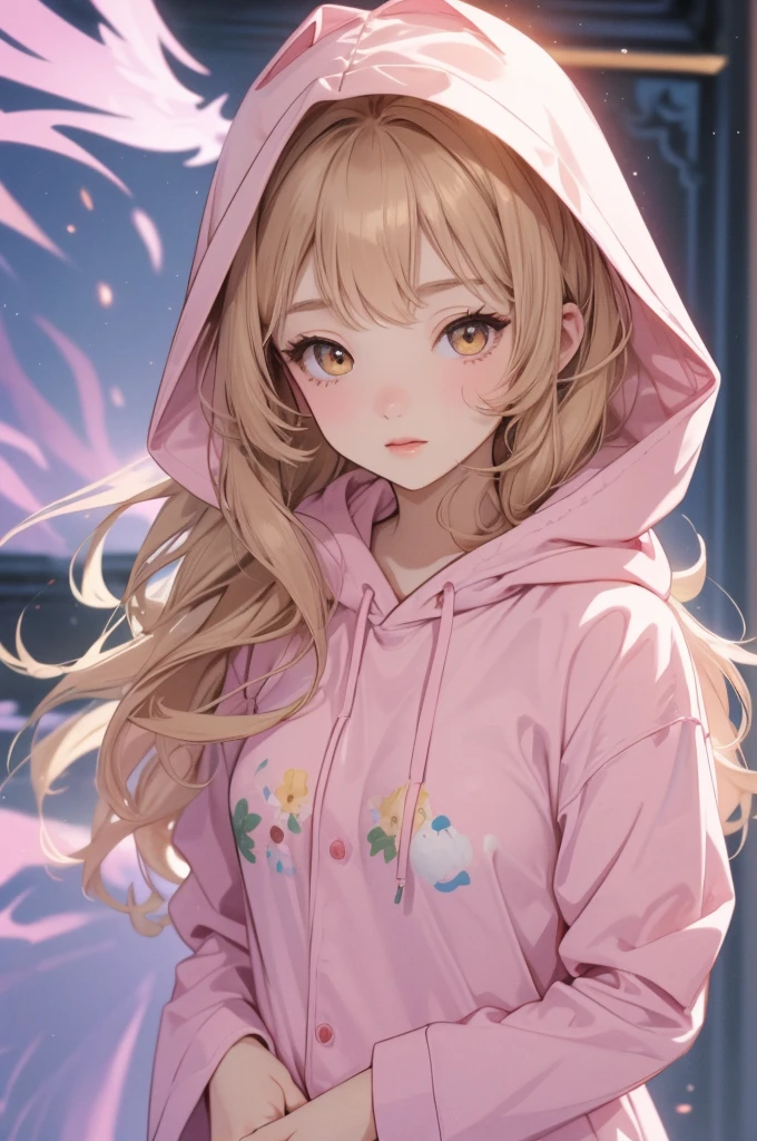adult woman, Age 22; long hair, pretty and pink, curly hair; (yellow eyes), angelic and beautiful face with flushed cheeks, rosto ultra detaild; (( wearing cute brown kigurime hooded pajamas )); best qualityer, ultra detaild, best resolution, 4K, soft strokes, role model, work of art, closes; dimly lit room in the background, focus on the character, blurry background