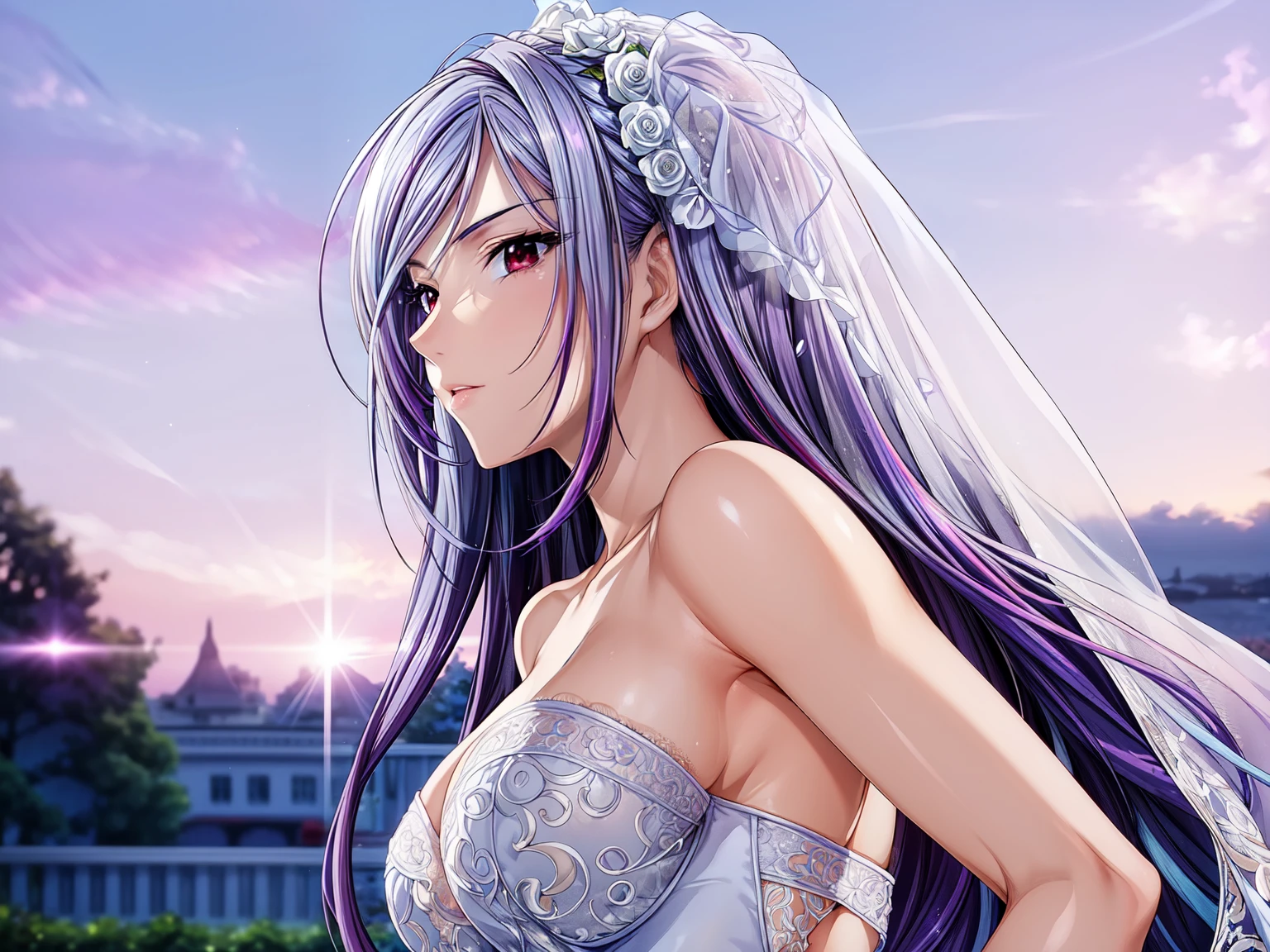 (masterpiece, best quality, beautiful and aesthetic:1.3), look back, side view, 1woman, solo, matured woman, (Silver blue hair streaked purple:1.4), (Gradient sky blue hair ends:1.6), hair strand, absurdly long hair, single sidelock, wavy hair, shiny hair, floating hair, (deep red eyes), delicate eyes, aqua eyes, super high detailed eyes, long upper eyelashes, makeup, Focus on face, Very detailed facial, Perfect breasts, hot body, (Delicate skin texture:1.2), bridal veil, lace-trimmed dress, see-through, wedding dress, outdoors, white roses, garden, morning, standing, extreme detailed,