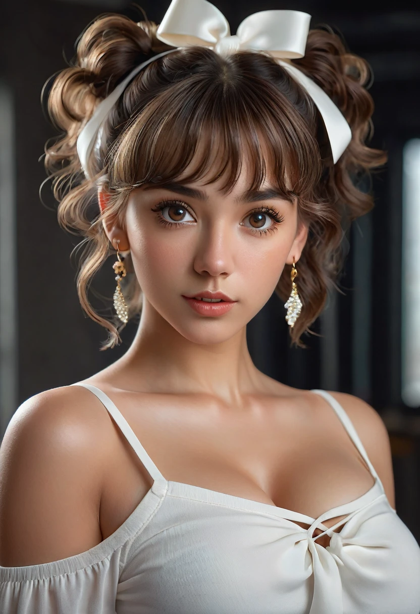 (best quality, 4k, highres, highres face details),18 yrs old, 1girl, solo, athletic figure, tan skin, hoop earrings, perfect nose, perfect lips, fake lashes, large breasts, deep cleavage, pretty face, cute face, wearing an off the shoulder white blouse, midriff showing, wearing leggings, brown hair, short curly hair, crossed bangs, brown eyes, constricted pupils, hair ribbon, hoop earrings, cinematic lighting, Ultra-Wide Angle, Canon, Hyperrealism, UHD, masterpiece, textured skin, high details, best quality, detailed eyes, detailed iris, full body image, posing for the camera