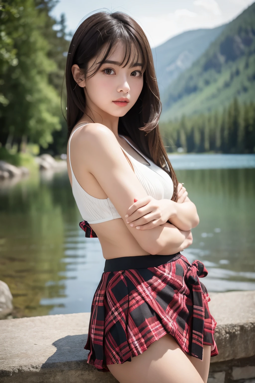 8k、Raw photo、Highest quality、masterpiece:1.2)、masterpiece、Highest quality、Figures、Very detailed、Fine details、high-resolution、8k、wallpaper、Perfect dynamic composition、(Detailed and high quality、Realistic depiction of eyes:1.3)、Woman with tied hands、Wrap your arms around your back、Hands tied behind back、Crouching by a beautiful lake、Legs wide open、Tartan Check Pleated Skirt、whole body、White panties、The whole thing faces forward、21talent、Beauty、Well-formed face、Even out the eyes、Beautiful black hair、Bangedium's physique、Balanced proportions、Beautiful legs、Blue Short Sleeve Blouse、Fresh face、Beautiful Landscape、
