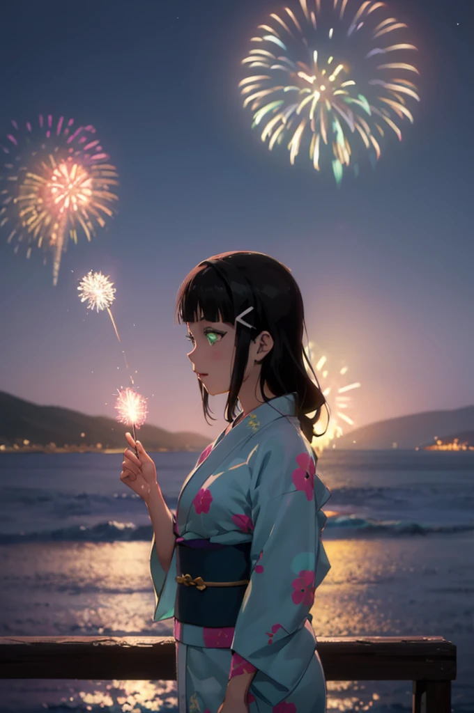 Create an illustration of Dia Kurosawa from Love Live! Sunshine!!. She has long black hair and green eyes, and she's wearing a yukata. In the background, there are one fireworks in the night sky, with the ocean and mountains in the distance. My hair sways in the wind、Anatomically correct, Highest quality, far and near method, 