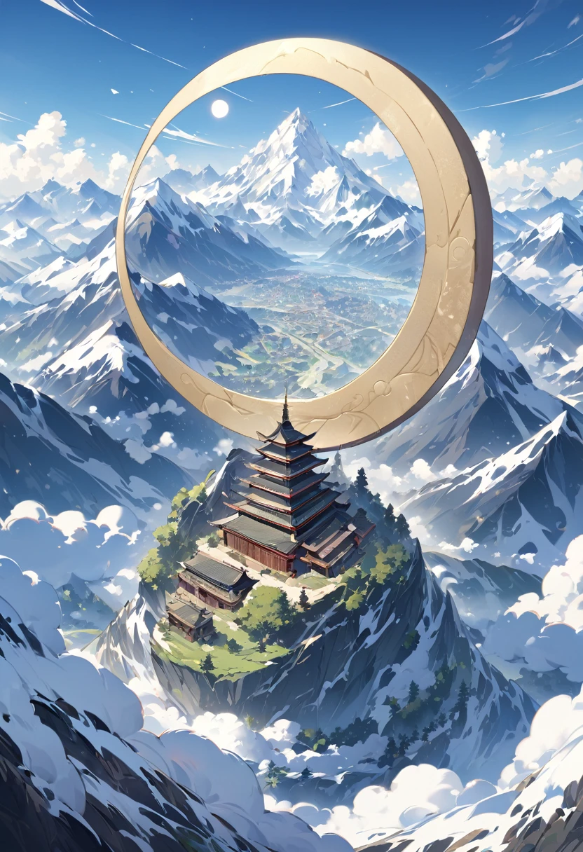 extremely clear 8K wallpaper, extremely beautiful and well-shaped scenery, absurdres, masterpiece, mountain villages with huge mountains surrounding the villages carved out in a circular or crescent shape., Many mountains have strange shapes., A battle between the gods that took place in the distant past changed the shape of the mountain., A petrified goat god supports a dangerous mountain that could collapse at any time. The people living in the village believe in God.