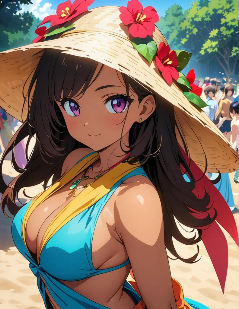 (anime artwork, anime style, studio anime, very detailed, up to date, vibrant, Anime Coloring, high contrast, masterpiece:1.2, best quality, best aesthetics),1 girl,hula_clothes, Medium chest, A glimpse of thighs,random hair, One eye is hidden by the bangs, perfect proportions, high detail skin, Cute, detailed faces,beach, precise fingers,curvy,swim suits crowd, dark skin,cocoa skin,full body,She is dancing the hula,