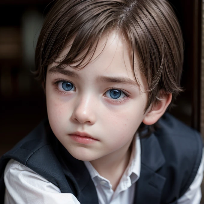a beautiful boy, 9 years, very fine European features, Brown hair, blue eyes, very formal London clothes, sad look, peaceful look.