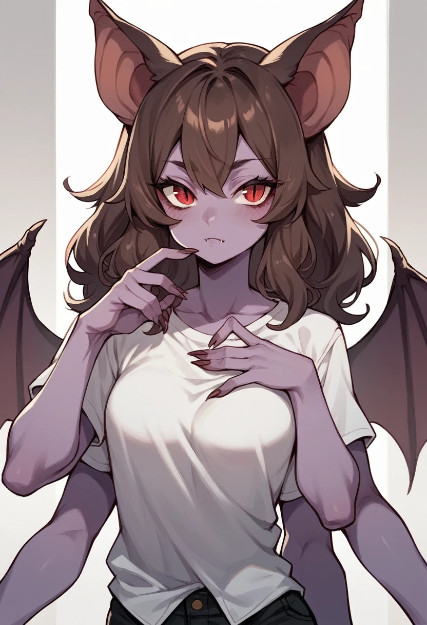 Humanoid creature, purple skin, long brown hair, bat ears, bat wings, extra arms, six red eyes, black and white clothes