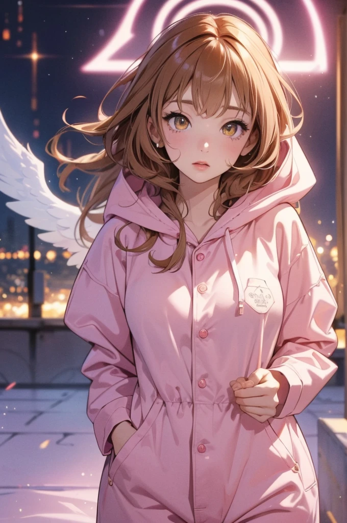 adult  woman, Age 22; long hair, pretty and pink, curly hair; (yellow eyes), angelic and beautiful face with flushed cheeks, rosto ultra detaild; (( wearing cute brown kigurime hooded pajamas )); best qualityer, ultra detaild, best resolution, 4K, soft strokes, role model, work of art, closes; dimly lit room in the background, focus on the character, blurry background 