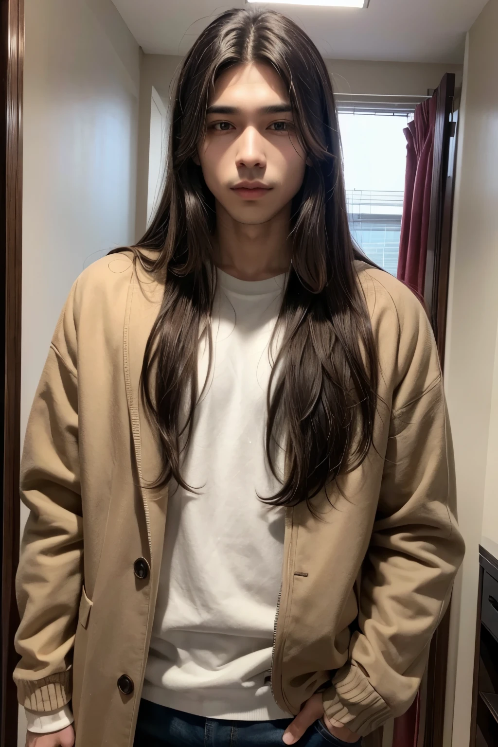 Create one at 18,Straight long hair,1,60 tall,brown skin,and his clothes are like they're from a fantasy world.