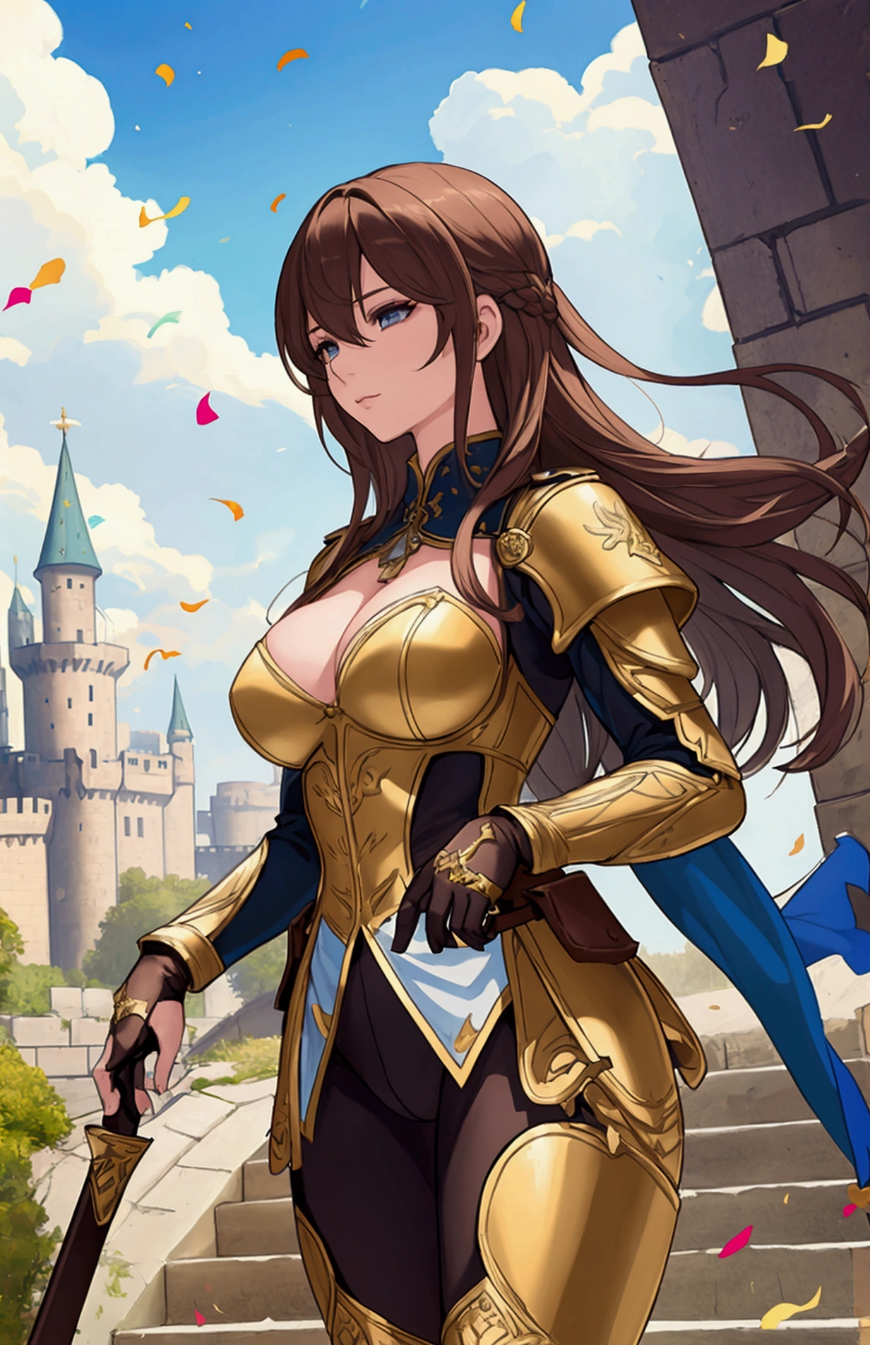 Highest quality, Official Art, masterpiece, Fabric Shading, High resolution, Very detailed, colorful, Best details, Fantasy, Combat Uniform,1 female, Age 25, Highest quality, Official Art, masterpiece, Fabric Shading, High resolution, Very detailed, colorful, Best details, Fantasy, Combat Uniform,1 female, Age 25, Standing on the stairs,A castle town with an old castle view, sunny,Choppy Hair, Large Breasts, skinny,Surrounded by a lot of people:1.9、Confetti falling、Blessed、Welcomed:1.5、Camel Toe:1.3, Recall, Ground level shot:1.9,