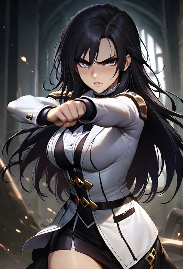 (masterpiece high quality) Arcane, caitlyn, black hair, 1girl, long hair, bangs, black attire, normal , messy hair, white suit, black skirt , badass pose, anime style character, highly detailed exquisite fanart, neoartcore high quality fanart
