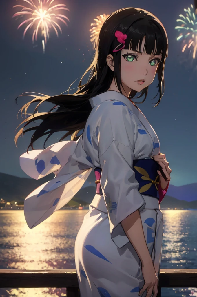 Create an illustration of Dia Kurosawa from Love Live! Sunshine!!. She has long black hair and green eyes, and she's wearing a yukata. In the background, there are one fireworks in the night sky, with the ocean and mountains in the distance. My hair sways in the wind、Anatomically correct, Highest quality, far and near method, 